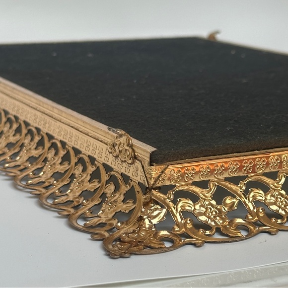 Vintage Gold Ornate Filigree Vanity Mirror Tray with Floral Border - Picture 11 of 15